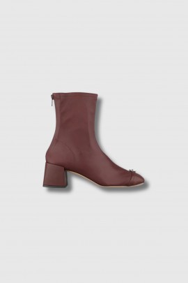 Chocolate-colored stretch leather heeled ankle boots